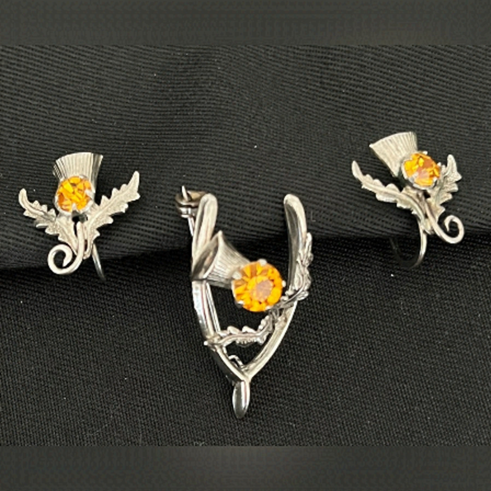 WARD BROTHERS Vintage Sterling Silver Set Brooch & Earrings Scotland Thistle